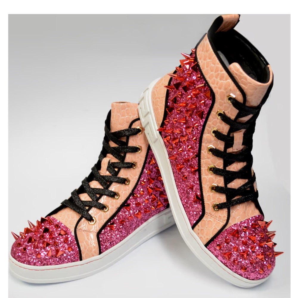 Fiesso Spiked Glitter PU Leather High-Top Sneakers, Pink/Fuchsia/Black. Size 8